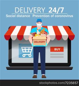 Safe Delivery courer man in medical protective mask with package box food products. Safe Delivery courer man in medical protective mask with package box food products, laptop online shop store background. Delivery during quarantine pandemic coronovirus COVID-19. Vector illustration isolated
