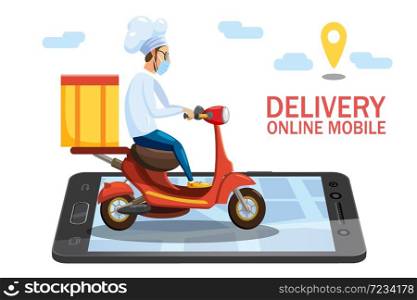 Safe delivery COVID-19 coronavirus epidemic. Courier in a cook suit and protective medical mask delivers goods. Safe delivery COVID-19 coronavirus epidemic. Courier in a cook suit and protective medical mask delivers goods grocery products food by scooter order tracking online. Non contact delivery, stay home consept. Vector illustration isolated