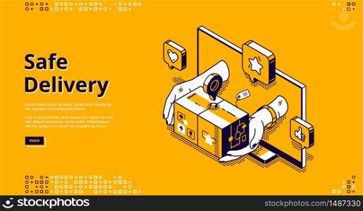 Safe delivery online service isometric landing page. Human hands give parcel bag with goods from computer desktop. Internet shopping, order shipping, retail business, 3d vector line art web banner. Safe delivery online service isometric landing