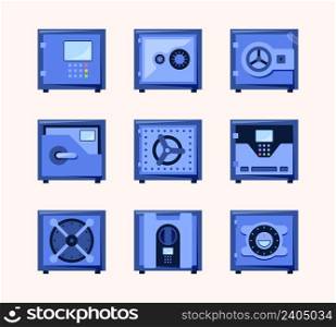 Safe deposit icons. Secure bank systems for safe treasures and money garish vector symbols collection set. Illustration of safe banking, bank deposit security. Safe deposit icons. Secure bank systems for safe treasures and money garish vector symbols collection set