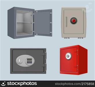 Safe deposit. Security steel box with protection code big bank door locker protect your personal money and treasures decent vector realistic illustratioons. Safe bank steel, banking security metal. Safe deposit. Security steel box with protection code big bank door locker protect your personal money and treasures decent vector realistic illustratioons