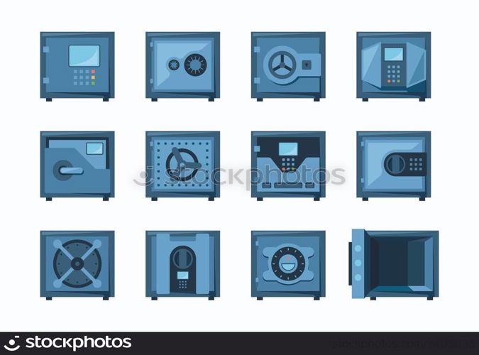 Safe deposit symbols. Bank secure systems steel containers for money garish vector. Icons set isolated. Illustration of bank protection and security deposit. Safe deposit symbols. Bank secure systems steel containers for money garish vector. Icons set isolated