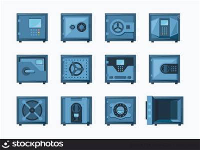 Safe deposit symbols. Bank secure systems steel containers for money garish vector. Icons set isolated. Illustration of bank protection and security deposit. Safe deposit symbols. Bank secure systems steel containers for money garish vector. Icons set isolated