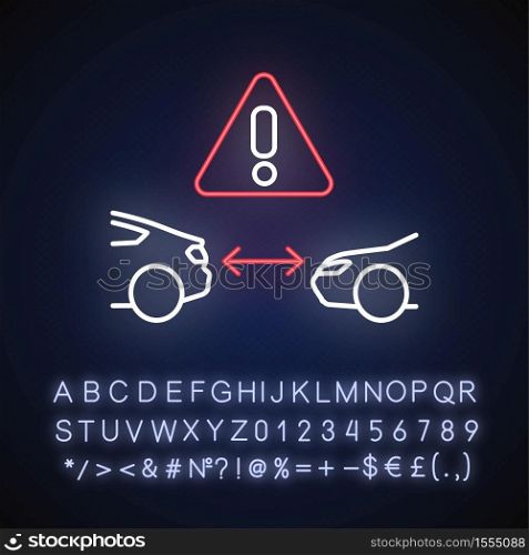 Safe distance between cars neon light icon. Safety driving rule, smart cruise control system. Outer glowing effect. Sign with alphabet, numbers and symbols. Vector isolated RGB color illustration. Safe distance between cars neon light icon
