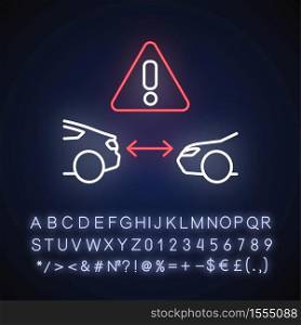 Safe distance between cars neon light icon. Safety driving rule, smart cruise control system. Outer glowing effect. Sign with alphabet, numbers and symbols. Vector isolated RGB color illustration. Safe distance between cars neon light icon