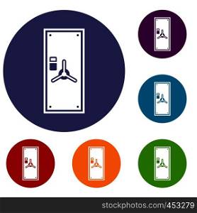 Safe door icons set in flat circle reb, blue and green color for web. Safe door icons set