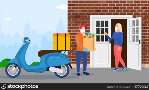 Safe fast food delivery at home during coronavirus. Man courier delivered Package food to customer. Concept for online shop or e-shop. Vector illustration in flat style. courier character delivery service