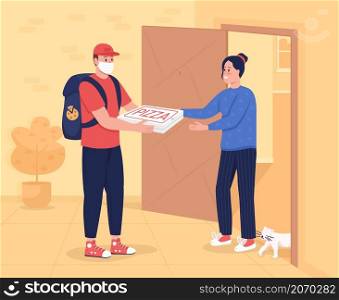 Safe fast food delivery flat color vector illustration. Receive pizza. Courier man with smiling customer at home entrance 2D cartoon characters with apartment building corridor interior on background. Safe fast food delivery flat color vector illustration