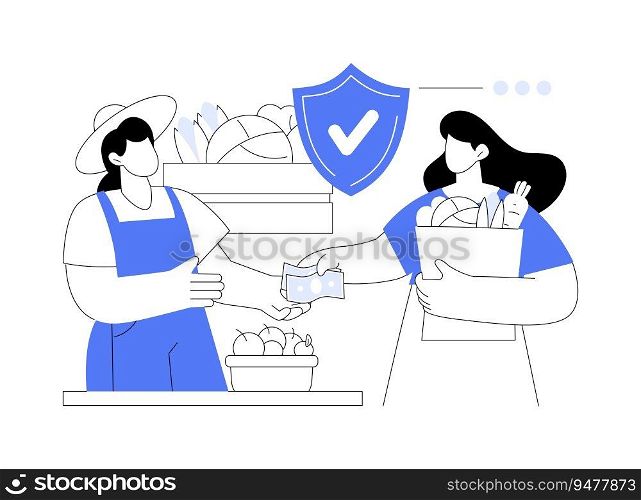 Safe food availability abstract concept vector illustration. Woman buying organic food on market, high quality domestic products, public health medicine, natural meal abstract metaphor.. Safe food availability abstract concept vector illustration.