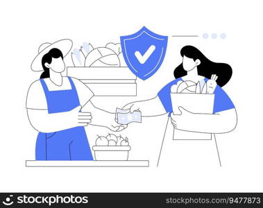 Safe food availability abstract concept vector illustration. Woman buying organic food on market, high quality domestic products, public health medicine, natural meal abstract metaphor.. Safe food availability abstract concept vector illustration.