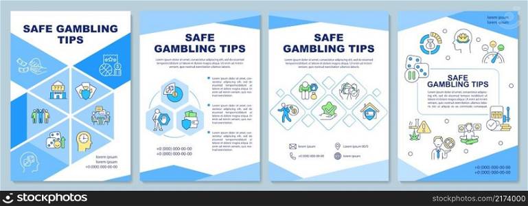 Safe gambling tips blue brochure template. Comfort and rest. Booklet print design with linear icons. Vector layouts for presentation, annual reports, ads. Arial-Black, Myriad Pro-Regular fonts used. Safe gambling tips blue brochure template