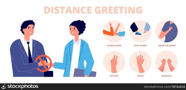 Safe greetings. Distance contact, no handshake or alternative protective greet methods. Feet hit or namaste, gesture utter vector icons set. No contact handshake, namaste or foot shake illustration. Safe greetings. Distance contact, no handshake or alternative protective greet methods. Feet hit or namaste, gesture utter vector icons set