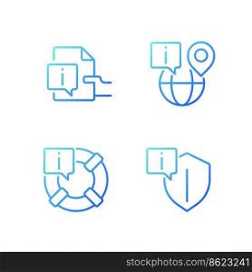 Safe information service pixel perfect gradient linear vector icons set. International network. Help on internet. Thin line contour symbol designs bundle. Isolated outline illustrations collection. Safe information service pixel perfect gradient linear vector icons set