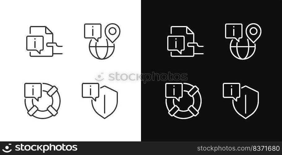 Safe information service pixel perfect linear icons set for dark, light mode. International network. Thin line symbols for night, day theme. Isolated illustrations. Editable stroke. Safe information service pixel perfect linear icons set for dark, light mode