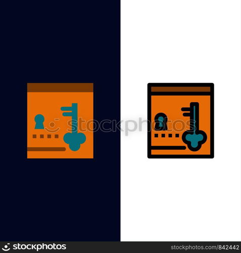 Safe, Locker, Lock, Key Icons. Flat and Line Filled Icon Set Vector Blue Background
