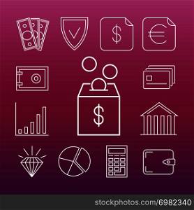 Safe money variations line art icons. Outline wallet and finance vector illustration. Safe money line art icons