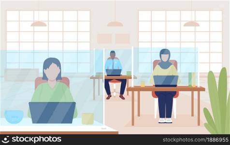 Safe office during pandemic flat color vector illustration. Employees in facial masks at precautious social distance Workers at tables 2D cartoon characters with corporate interio on background. Safe office during pandemic flat color vector illustration