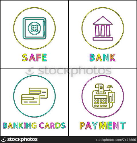 Safe online bank round linear bright icons set. Internet money operations special buttons outline templates isolated cartoon vector illustrations.. Safe Online Bank Round Linear Bright Icons Set