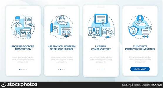 Safe online pharmacy signs onboarding mobile app page screen with concepts. Doctors prescription walkthrough 5 steps graphic instructions. UI vector template with RGB color illustrations. Safe online pharmacy signs onboarding mobile app page screen with concepts