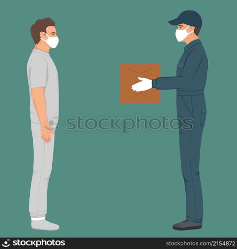 Safe order delivery of goods to buyer. Man courier delivered parcel box to customer. Coronavirus pandemic concept. Vector illustration. delivery man in mask and glowes with box in hands. Courier with order. Vector illustration