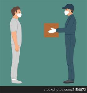 Safe order delivery of goods to buyer. Man courier delivered parcel box to customer. Coronavirus pandemic concept. Vector illustration. delivery man in mask and glowes with box in hands. Courier with order. Vector illustration