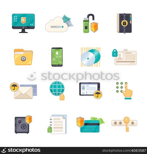 Safe personal data storage and online information exchange software protection shield flat icons set isolated vector illustration . Data Protection Symbols Flat Icons Set