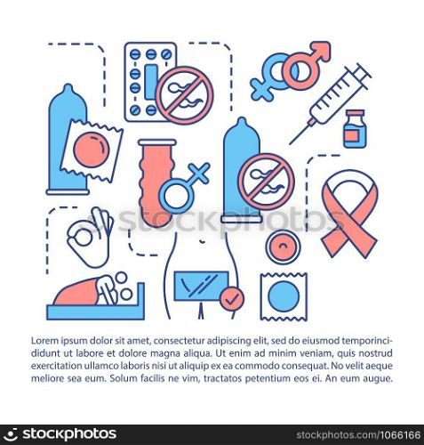 Safe sex article page vector template. Contraception. Birth control. Prevention of STIs. Brochure, magazine, booklet design element with linear icons. Print design. Concept illustrations with text