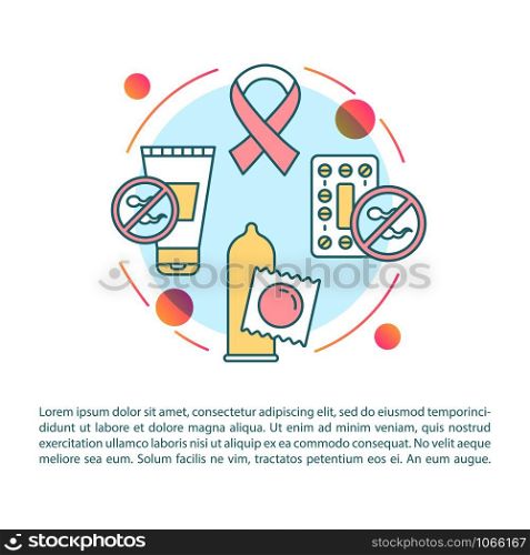 Safe sex article page vector template. Prevention of STIs. Unwanted pregnancy protection. Brochure, magazine, booklet design element with linear icons. Print design. Concept illustrations with text