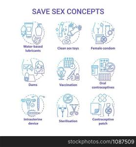 Safe sex blue concept icons set. Female condom, oral contraceptive. Vaccination, sterilisation for healthy relationship idea thin line illustrations. Vector isolated outline drawings. Editable stroke