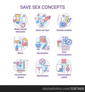 Safe sex concept icons set. Female condom, oral contraceptive. Vaccination, sterilisation for healthy relationship idea thin line illustrations. Vector isolated outline drawing. Editable stroke
