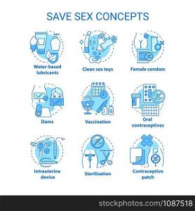 Safe sex concept icons set. Female condom, oral contraceptive. Vaccination, sterilisation for healthy relationship idea thin line illustrations. Vector isolated outline drawings. Editable stroke