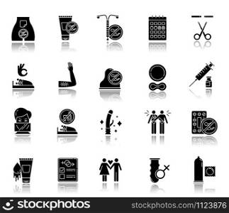 Safe sex drop shadow black glyph icons set. Condoms. Lubricant, spermicide. Sterilisation. Couple, partner. Sober sex with consent. Contraceptive patch, device, ring. Isolated vector illustrations