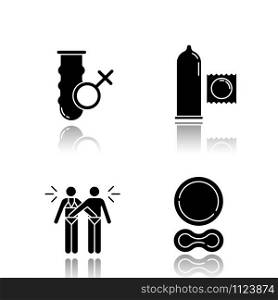 Safe sex drop shadow black glyph icons set. Female condom. Male preservative. Mutual masturbation. Contraceptive ring. Erotic play. Woman, man in intimate relationship. Isolated vector illustrations