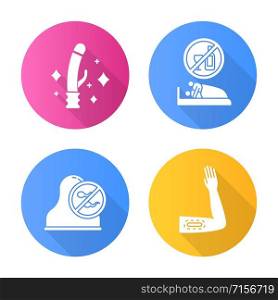 Safe sex flat design long shadow glyph icons set. Clean sex toys. Sober intercourse with partner. Cervical cap. Barrier contraceptive. Healthcare. Contraceptive implant. Vector silhouette illustration