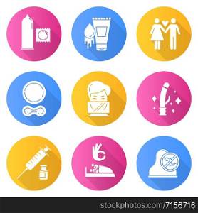 Safe sex flat design long shadow glyph icons set. Condoms. Oral contraceptive pills. Couple. Clean sex toys. Dental dams. Vaccination. Sex with consent. Cervical cap. Vector silhouette illustration