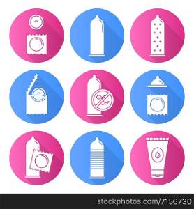 Safe sex flat design long shadow glyph icons set. Male contraceptive. Female condoms. Pregnancy prevention. Water-based lubricant. Birth control. AIDs protection. Vector silhouette illustration