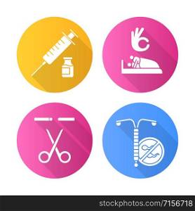 Safe sex flat design long shadow glyph icons set. Vaccination. Sex with consent. Sterilisation, vasectomy. Medical procedure. Fallopian tubes cut. Contraceptive patch. Vector silhouette illustration