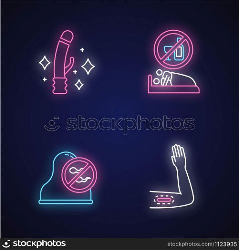 Safe sex neon light icons set. Clean sex toys. Sober intercourse with partner. Cervical cap. Barrier contraceptive. Healthcare. Contraceptive implant. Glowing signs. Vector isolated illustrations