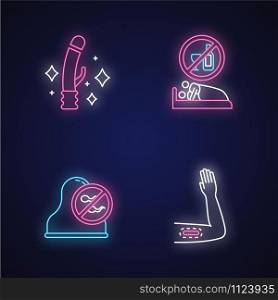 Safe sex neon light icons set. Clean sex toys. Sober intercourse with partner. Cervical cap. Barrier contraceptive. Healthcare. Contraceptive implant. Glowing signs. Vector isolated illustrations