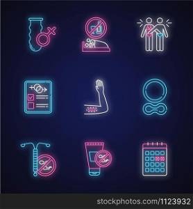 Safe sex neon light icons set. Condom. Sober intercourse. Mutual masturbation. Sex test. Contraceptive implant, ring, device. Spermicide. Calendar method. Glowing signs. Vector isolated illustrations