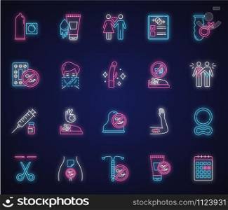 Safe sex neon light icons set. Condoms. Lubricant, spermicide. Sterilisation. Couple, partner. Sober sex with consent. Contraceptive patch, device, ring. Glowing signs. Vector isolated illustrations