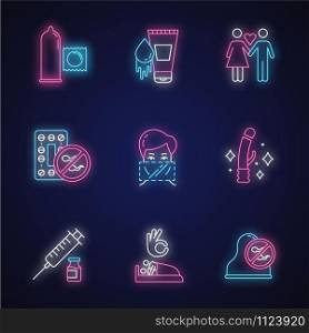 Safe sex neon light icons set. Condoms. Oral contraceptive pills. Woman and man. Clean sex toys. Dental dams. Vaccination. Sex with consent. Cervical cap. Glowing signs. Vector isolated illustrations