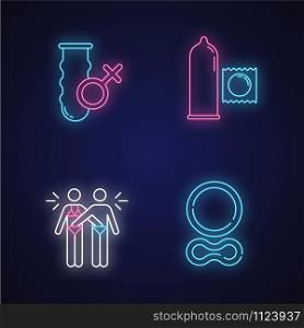 Safe sex neon light icons set. Female vaginal condom. Male preservative. Mutual masturbation. Contraceptive ring. Erotic play. Woman, man in relationship. Glowing signs. Vector isolated illustrations