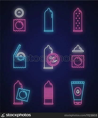 Safe sex neon light icons set. Male contraceptive. Female condoms. Pregnancy prevention. Birth control. Water-based lube. AIDs protection. Glowing signs. Vector isolated illustrations