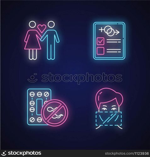 Safe sex neon light icons set. One partner. Monogamy. Man and woman in love. Girlfriend and boyfriend. Sex test. Oral contraceptive pills. Dental dams. Glowing signs. Vector isolated illustrations