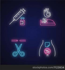 Safe sex neon light icons set. Vaccination. Sex with consent. Sterilisation, vasectomy. Medical procedure. Fallopian tubes cut. Contraceptive patch. Glowing signs. Vector isolated illustrations