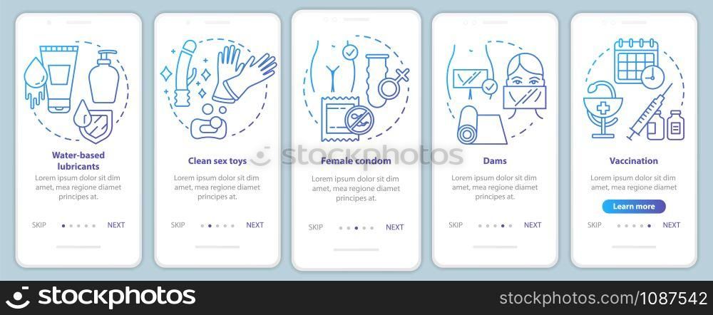 Safe sex onboarding mobile app page screen vector template. Female condom, dams and vaccination. Walkthrough website steps with linear illustrations. UX, UI, GUI smartphone interface concept