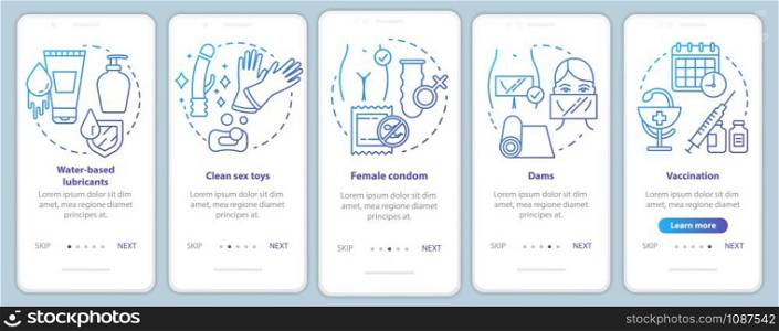 Safe sex onboarding mobile app page screen vector template. Female condom, dams and vaccination. Walkthrough website steps with linear illustrations. UX, UI, GUI smartphone interface concept