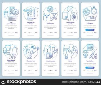 Safe sex onboarding mobile app page screen vector template. Oral contraceptive. Walkthrough website steps with linear illustrations. Female condom. UX, UI, GUI smartphone interface concept