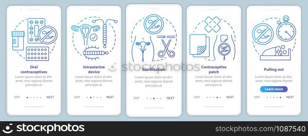Safe sex onboarding mobile app page screen vector template. Oral contraceptive. Intrauterine device. Walkthrough website steps with linear illustrations. UX, UI, GUI smartphone interface concept